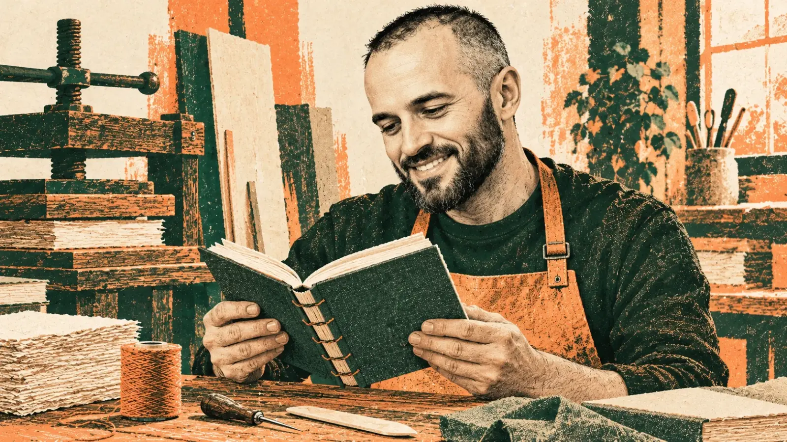 Евгений Зайферт с раскрытой книгой в переплётной мастерской — графическая AI-иллюстрация.