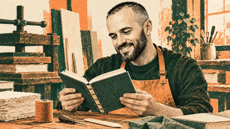 Евгений Зайферт с раскрытой книгой в переплётной мастерской — графическая AI-иллюстрация.