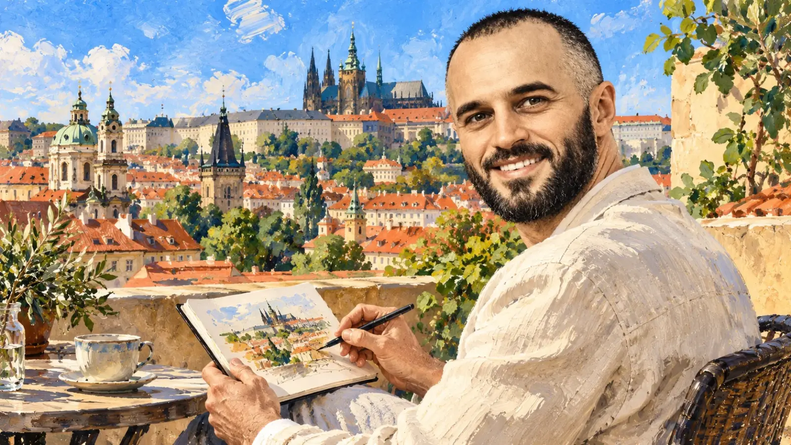 Евгений Зайферт с блокнотом на террасе над крышами Праги — живописная AI-иллюстрация.
