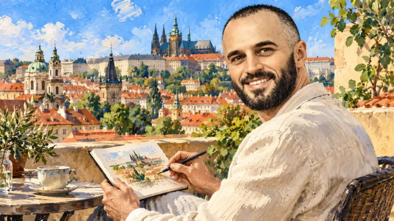 Евгений Зайферт с блокнотом на террасе над крышами Праги — живописная AI-иллюстрация.